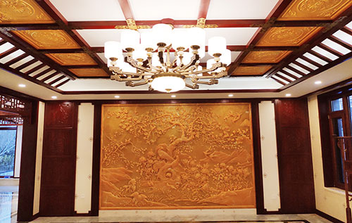 河西中式别墅客厅中式木作横梁吊顶装饰展示
